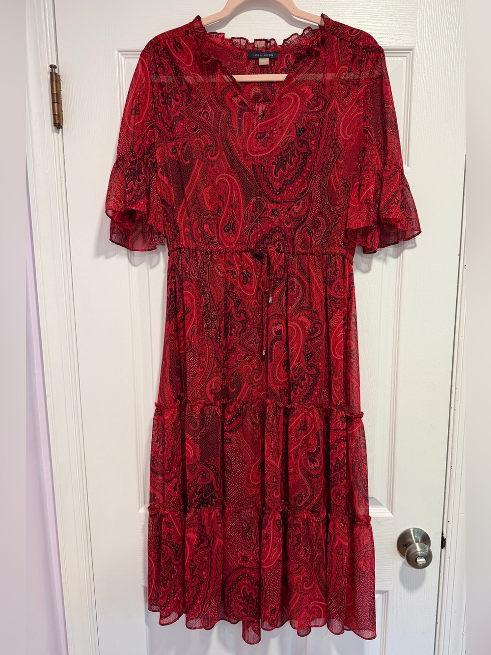 Tommy Hilfiger Red Paisley Ruffle Tiered Midi dress size 8 medium lined